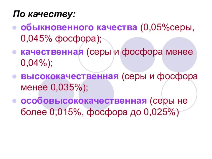 По качеству: обыкновенного качества (0,05%серы, 0,045% фосфора); качественная (серы и фосфора