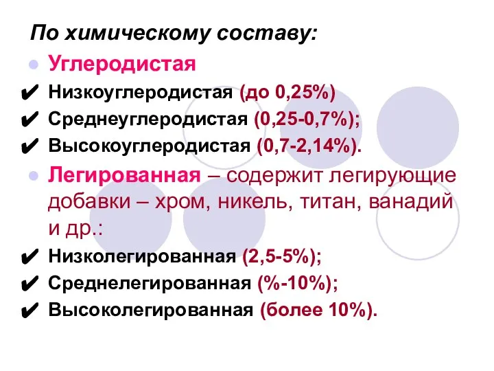 По химическому составу: Углеродистая Низкоуглеродистая (до 0,25%) Среднеуглеродистая (0,25-0,7%); Высокоуглеродистая (0,7-2,14%).