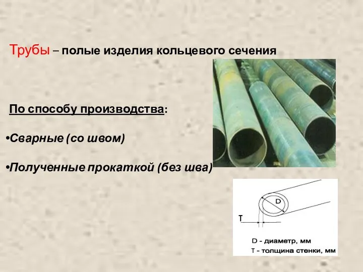 Трубы – полые изделия кольцевого сечения По способу производства: Сварные (со швом) Полученные прокаткой (без шва)