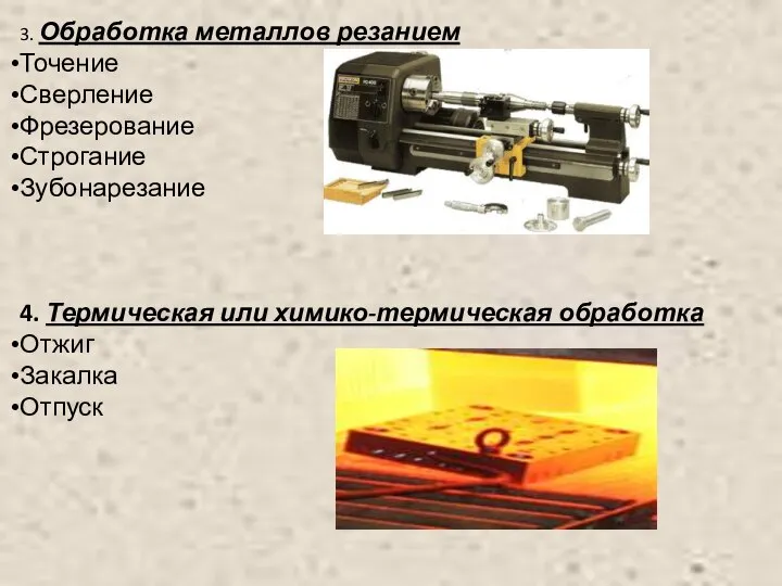 3. Обработка металлов резанием Точение Сверление Фрезерование Строгание Зубонарезание 4. Термическая