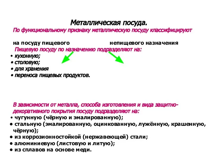 Металлическая посуда. По функциональному признаку металлическую посуду классифицируют на посуду пищевого