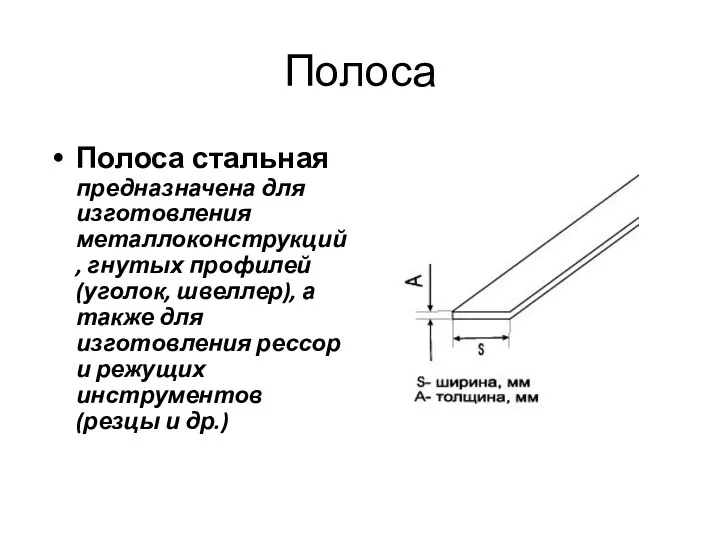 Полоса Полоса стальная предназначена для изготовления металлоконструкций, гнутых профилей (уголок, швеллер),