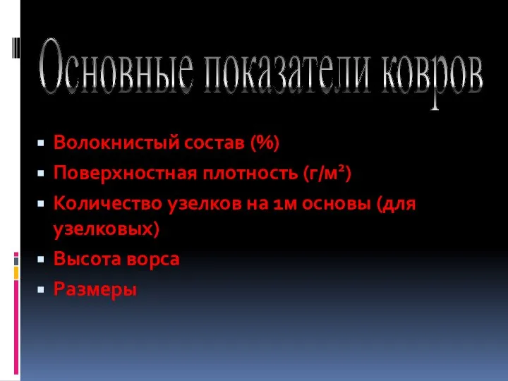 Волокнистый состав (%) Поверхностная плотность (г/м2) Количество узелков на 1м основы