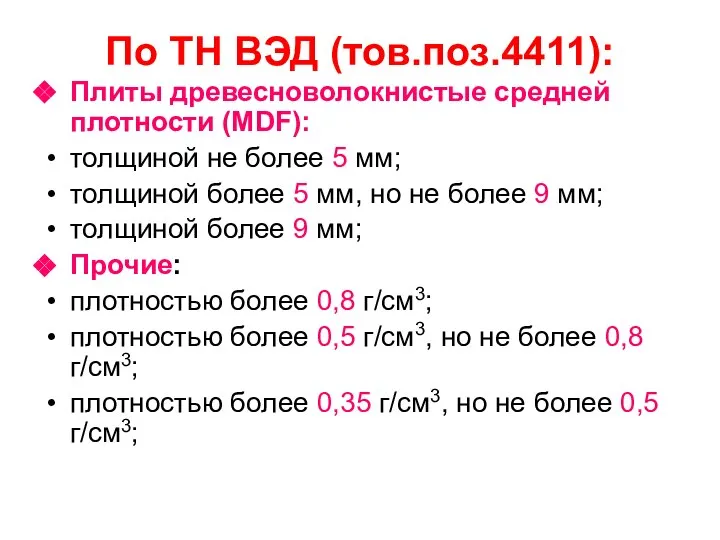 По ТН ВЭД (тов.поз.4411): Плиты древесноволокнистые средней плотности (MDF): толщиной не