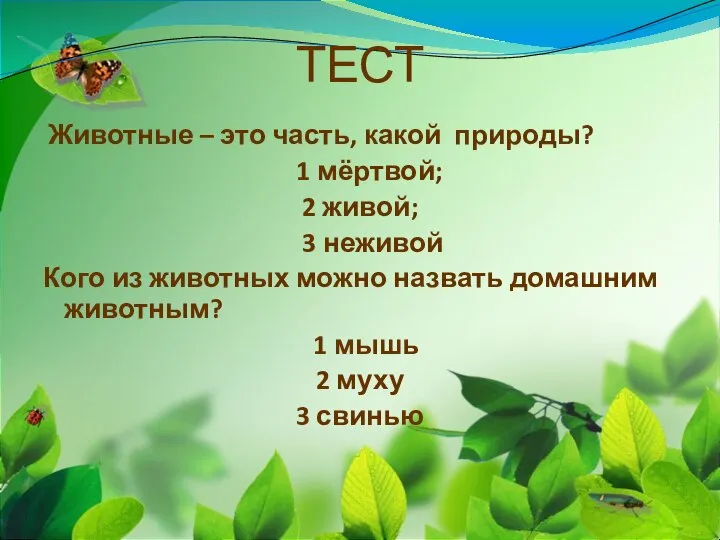 ТЕСТ Животные – это часть, какой природы? 1 мёртвой; 2 живой;