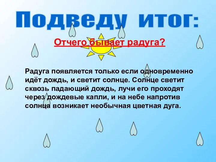 Подведу итог: Отчего бывает радуга? Радуга появляется только если одновременно идёт