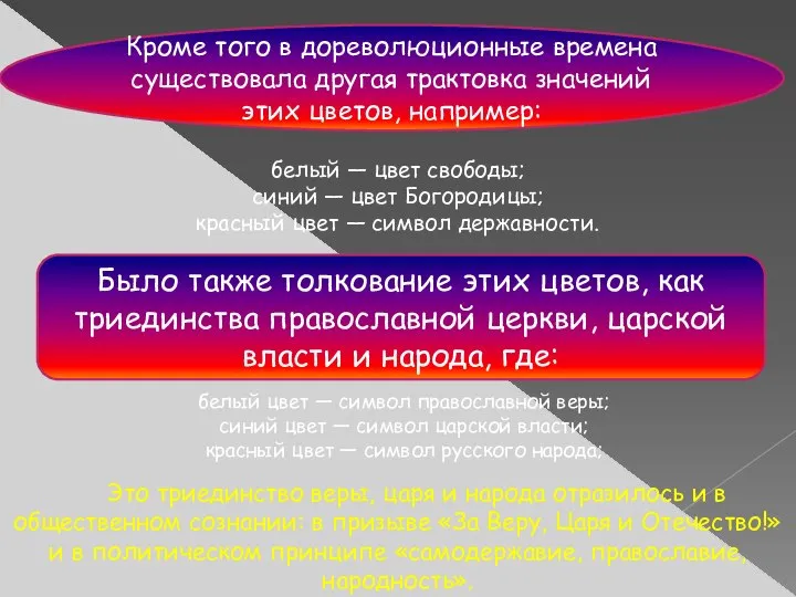 Кроме того в дореволюционные времена существовала другая трактовка значений этих цветов,