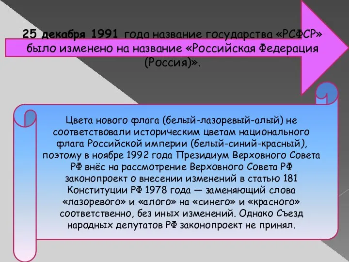 25 декабря 1991 года название государства «РСФСР» было изменено на название