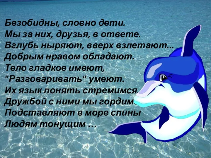 Безобидны, словно дети. Мы за них, друзья, в ответе. Вглубь ныряют,