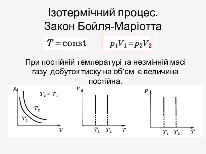 Ізотермічний процес. Закон Бойля-Маріотта При постійній температурі та незмінній масі газу