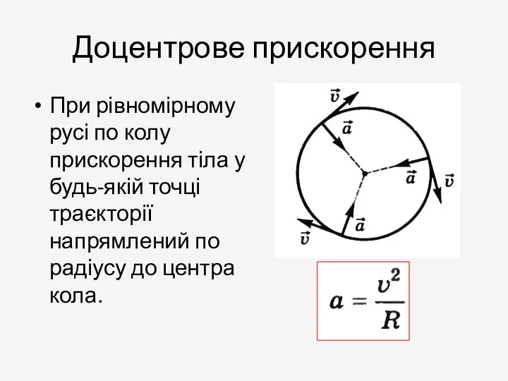 Доцентрове прискорення При рівномірному русі по колу прискорення тіла у будь-якій