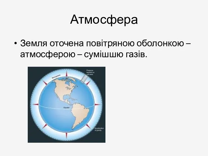 Атмосфера Земля оточена повітряною оболонкою – атмосферою – сумішшю газів.