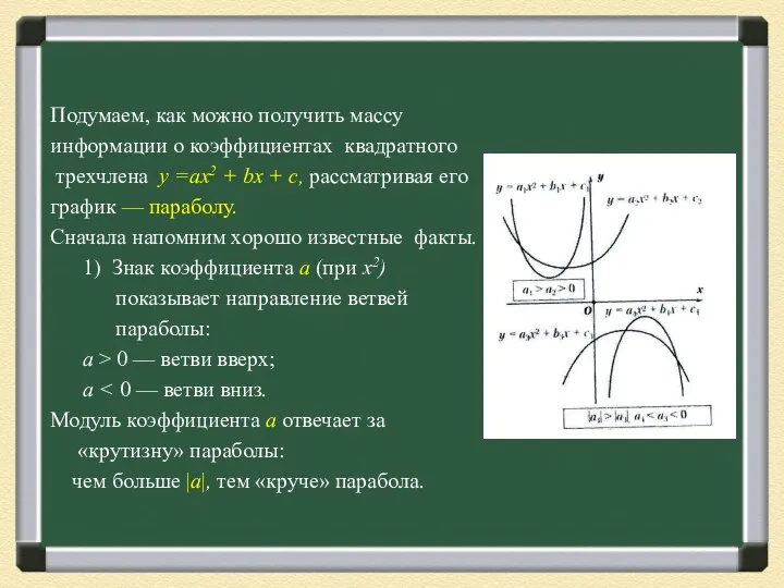 Подумаем, как можно получить массу информации о коэффициентах квадратного трехчлена у