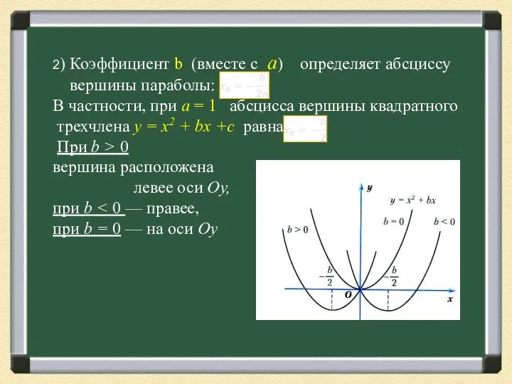 2) Коэффициент b (вместе с а) определяет абсциссу вершины параболы: В