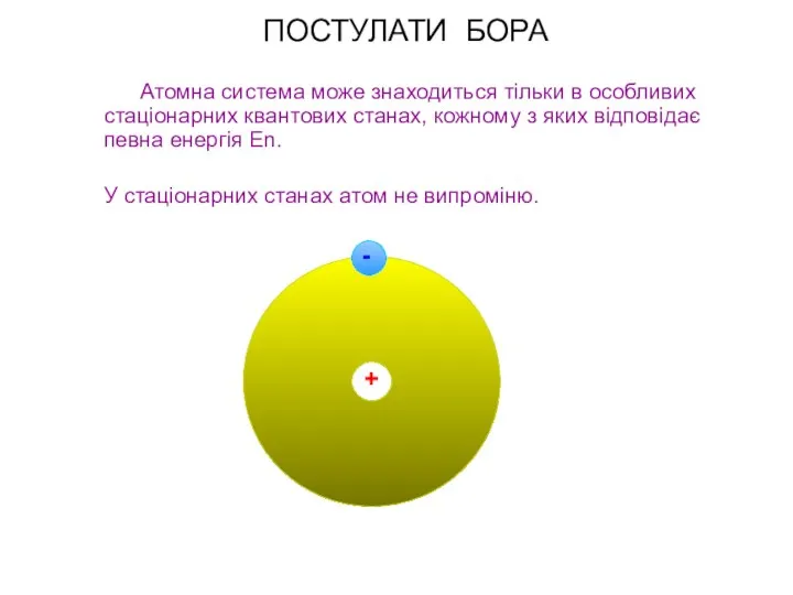 ПОСТУЛАТИ БОРА Атомна система може знаходиться тільки в особливих стаціонарних квантових