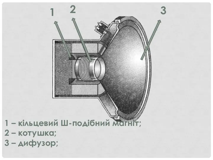 3 2 1 1 – кільцевий Ш-подібний магніт; 2 – котушка; 3 – дифузор;