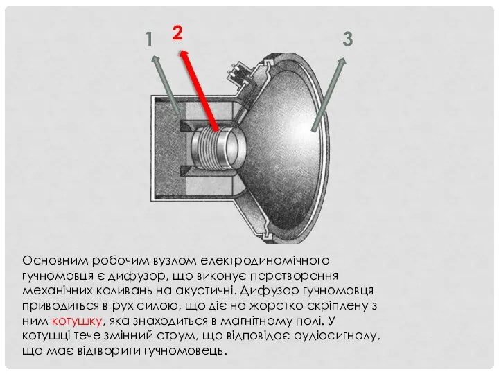 Основним робочим вузлом електродинамічного гучномовця є дифузор, що виконує перетворення механічних