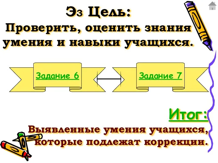 Э3 Цель: Проверить, оценить знания умения и навыки учащихся. Задание 6