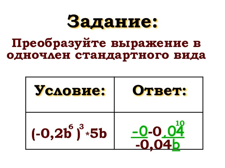 Задание: Преобразуйте выражение в одночлен стандартного вида Условие: Ответ: (-0,2b ) *5b -0-0,04-0,04b 6 3 10