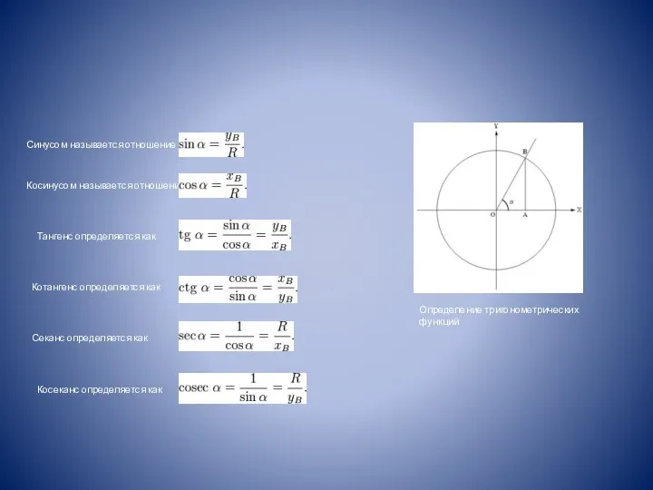 Синусом называется отношение Косинусом называется отношение Тангенс определяется как Котангенс определяется