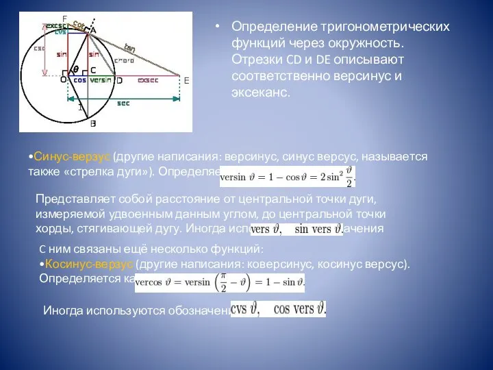 Определение тригонометрических функций через окружность. Отрезки CD и DE описывают соответственно