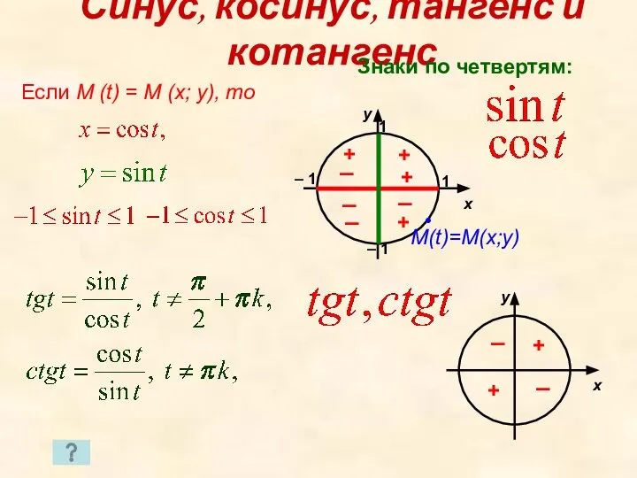 Синус, косинус, тангенс и котангенс Если M (t) = M (x;