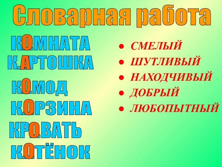 Словарная работа СМЕЛЫЙ ШУТЛИВЫЙ НАХОДЧИВЫЙ ДОБРЫЙ ЛЮБОПЫТНЫЙ К…МНАТА К…РТОШКА К…МОД К…РЗИНА