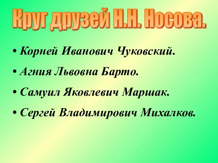 Круг друзей Н.Н. Носова. Корней Иванович Чуковский. Агния Львовна Барто. Самуил Яковлевич Маршак. Сергей Владимирович Михалков.