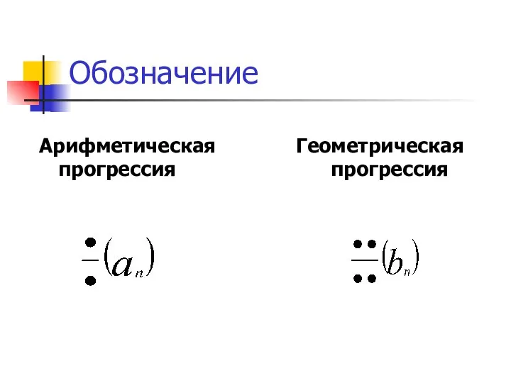 Обозначение Арифметическая прогрессия Геометрическая прогрессия