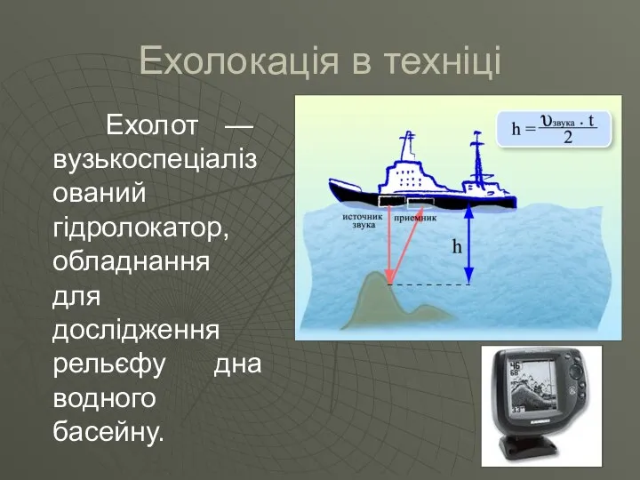 Ехолокація в техніці Ехолот — вузькоспеціалізований гідролокатор, обладнання для дослідження рельєфу дна водного басейну.