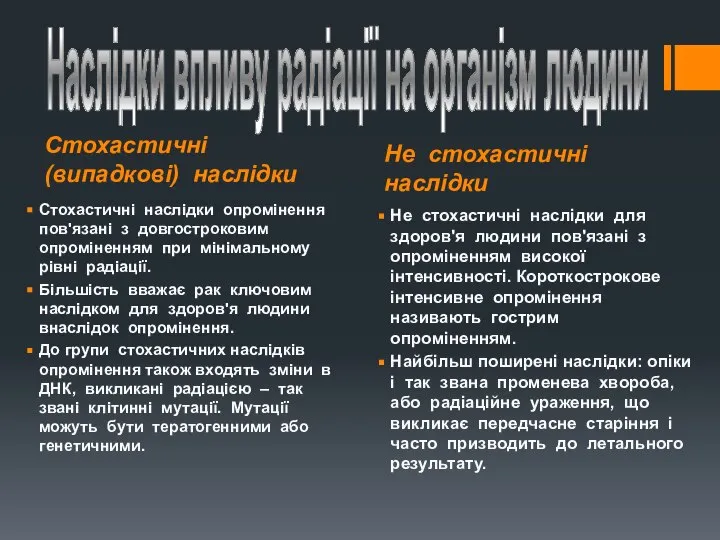 Стохастичні (випадкові) наслідки Не стохастичні наслідки Наслідки впливу радіації на організм