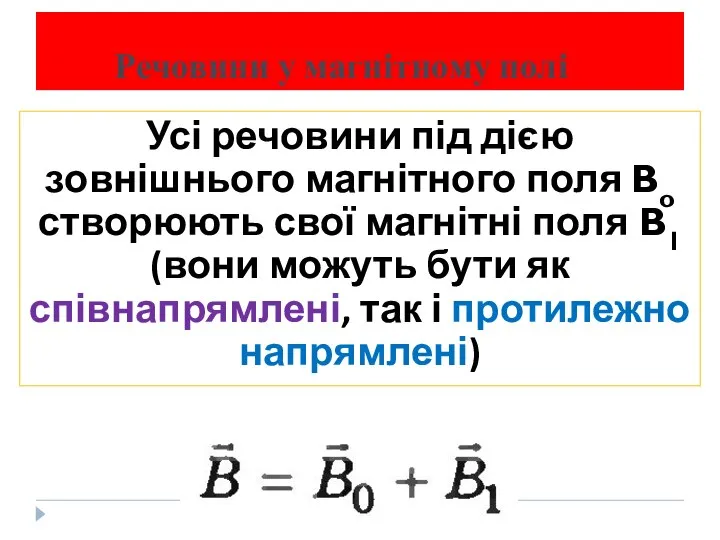 Речовини у магнітному полі Усі речовини під дією зовнішнього магнітного поля