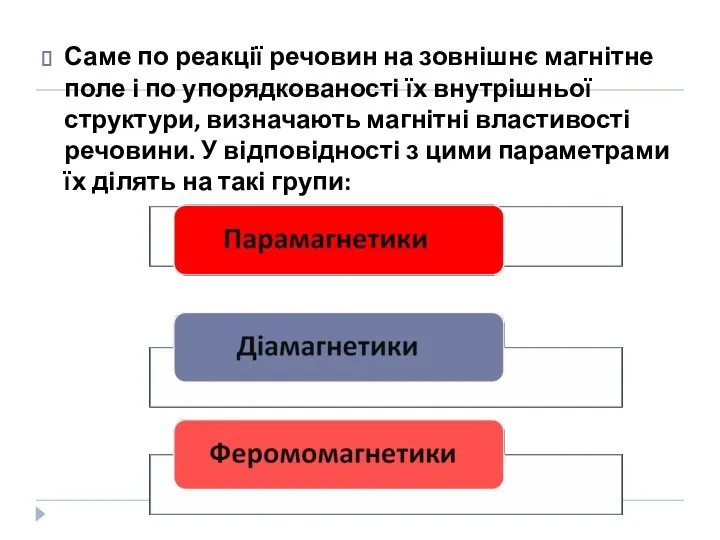 Саме по реакції речовин на зовнішнє магнітне поле і по упорядкованості