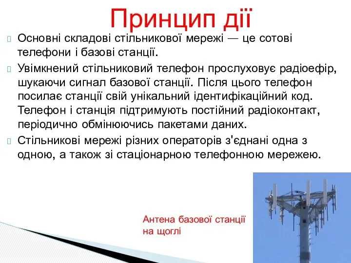 Основні складові стільникової мережі — це сотові телефони і базові станції.