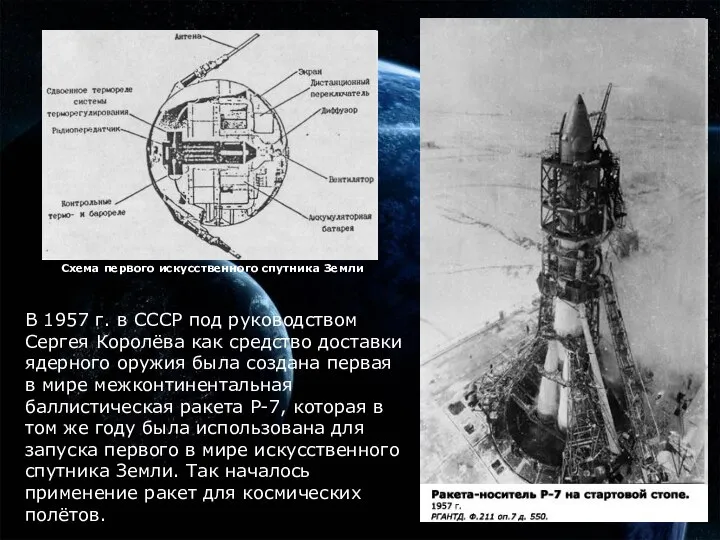 В 1957 г. в СССР под руководством Сергея Королёва как средство