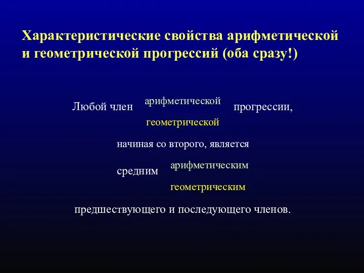 Характеристические свойства арифметической и геометрической прогрессий (оба сразу!) Любой член арифметической