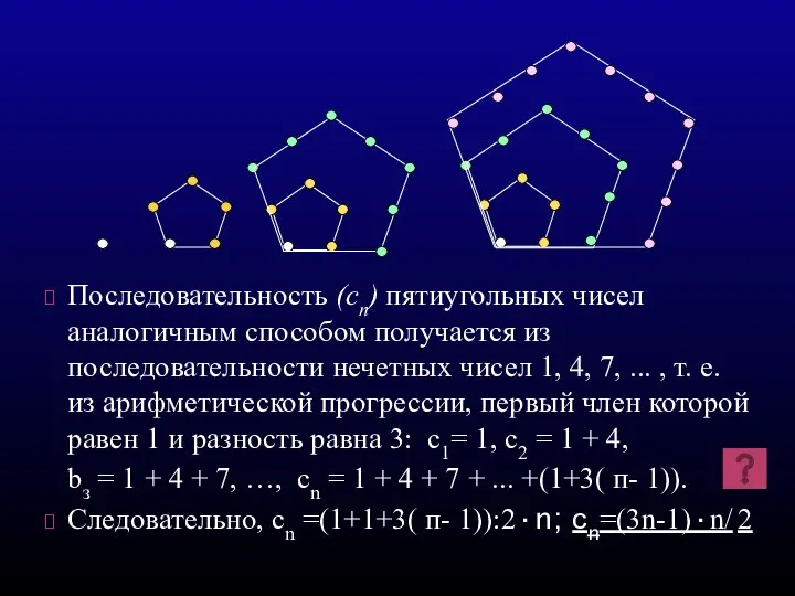 Последовательность (cп) пятиугольных чисел аналогичным способом получается из последовательности нечетных чисел