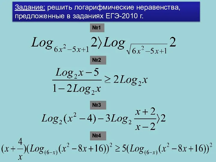 Задание: решить логарифмические неравенства, предложенные в заданиях ЕГЭ-2010 г. №1 №2 №3 №4