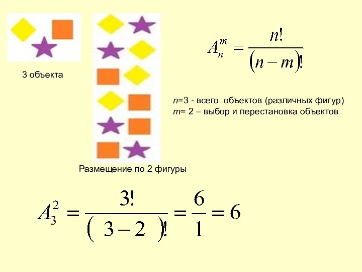 n=3 - всего объектов (различных фигур) m= 2 – выбор и