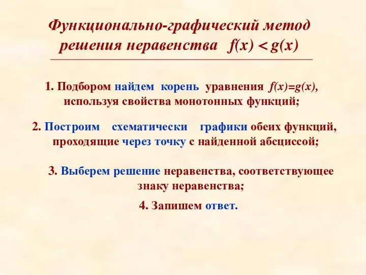 Функционально-графический метод решения неравенства f(x) : 1. Подбором найдем корень уравнения