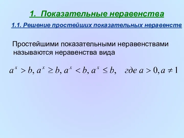 1. Показательные неравенства 1.1. Решение простейших показательных неравенств Простейшими показательными неравенствами называются неравенства вида