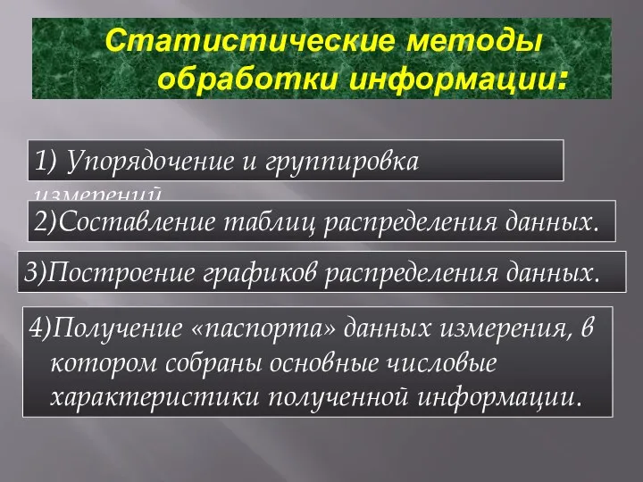 Статистические методы обработки информации: 1) Упорядочение и группировка измерений. 2)Составление таблиц