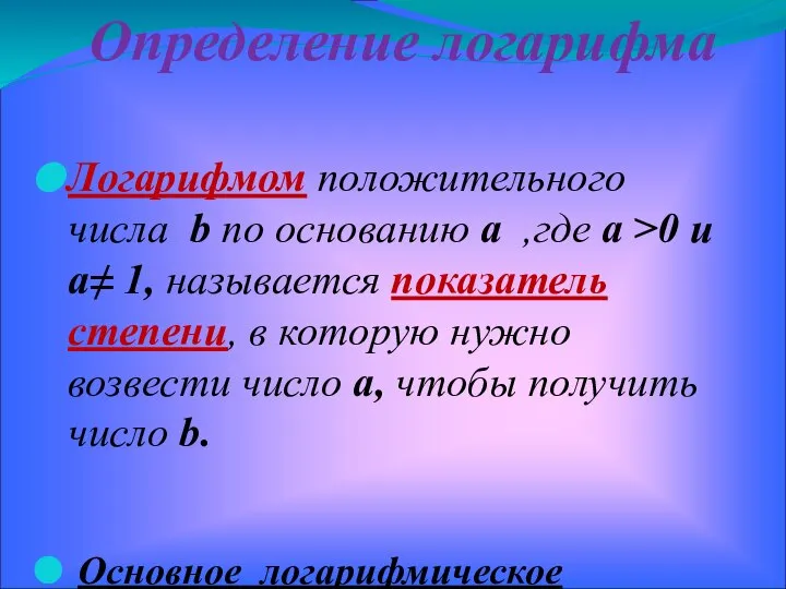 Определение логарифма Логарифмом положительного числа b по основанию а ,где а