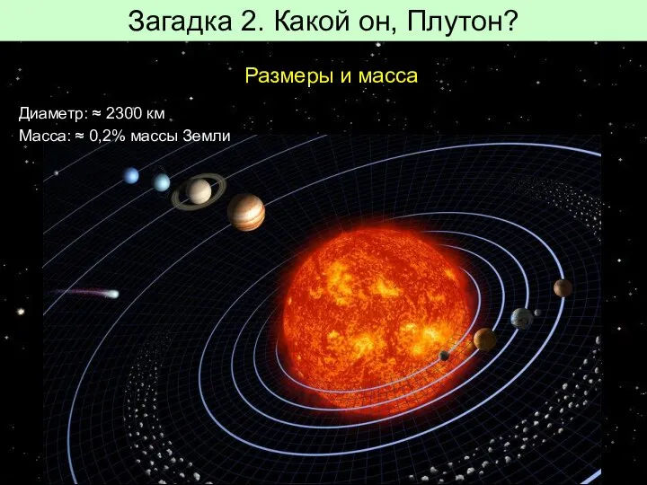 Загадка 2. Какой он, Плутон? Размеры и масса Диаметр: ≈ 2300