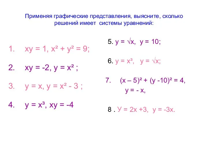 Применяя графические представления, выясните, сколько решений имеет системы уравнений: 5. у