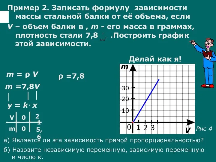 Пример 2. Записать формулу зависимости массы стальной балки от её объема,