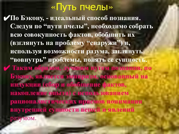 «Путь пчелы» По Бэкону, - идеальный способ познания. Следуя по “пути