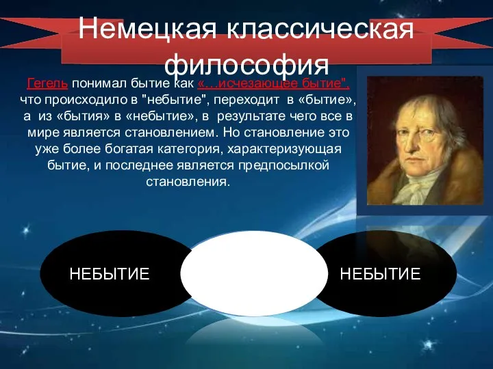 Гегель понимал бытие как «…исчезающее бытие", что происходило в "небытие", переходит