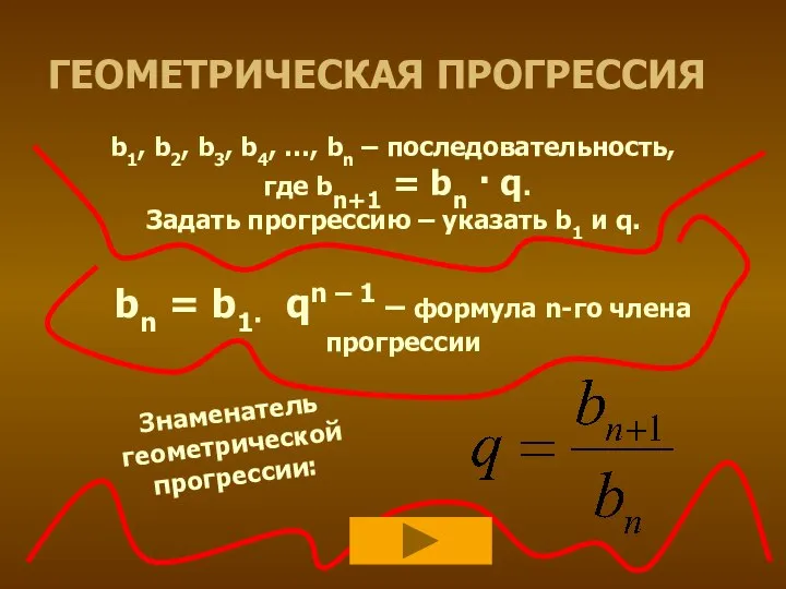 ГЕОМЕТРИЧЕСКАЯ ПРОГРЕССИЯ b1, b2, b3, b4, …, bn – последовательность, где