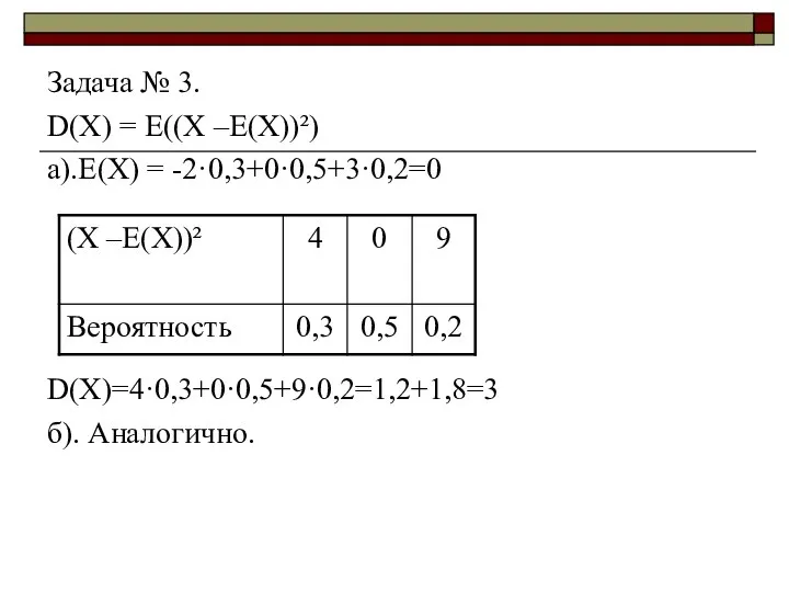 Задача № 3. D(X) = E((Х –Е(Х))²) а).Е(Х) = -2·0,3+0·0,5+3·0,2=0 D(X)=4·0,3+0·0,5+9·0,2=1,2+1,8=3 б). Аналогично.